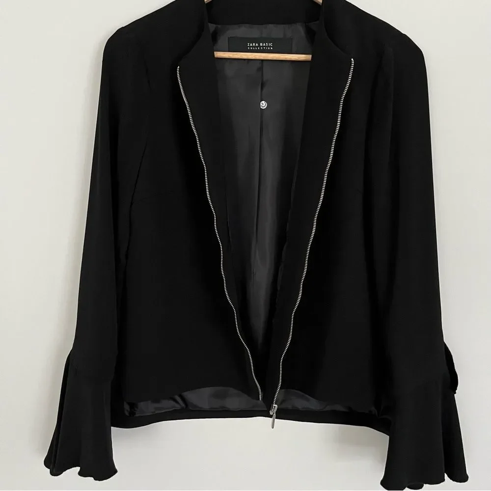 Zara Black Crepe Full Zip Ruffle Bell Sleeve Jacket, Size S NWOT